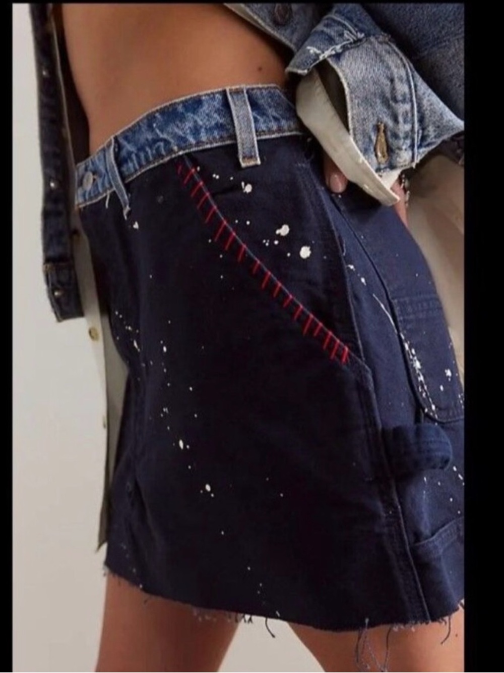 Free people x Tricia Fix x carhartt Blue Denim Skirt w Artistic Splatter Large